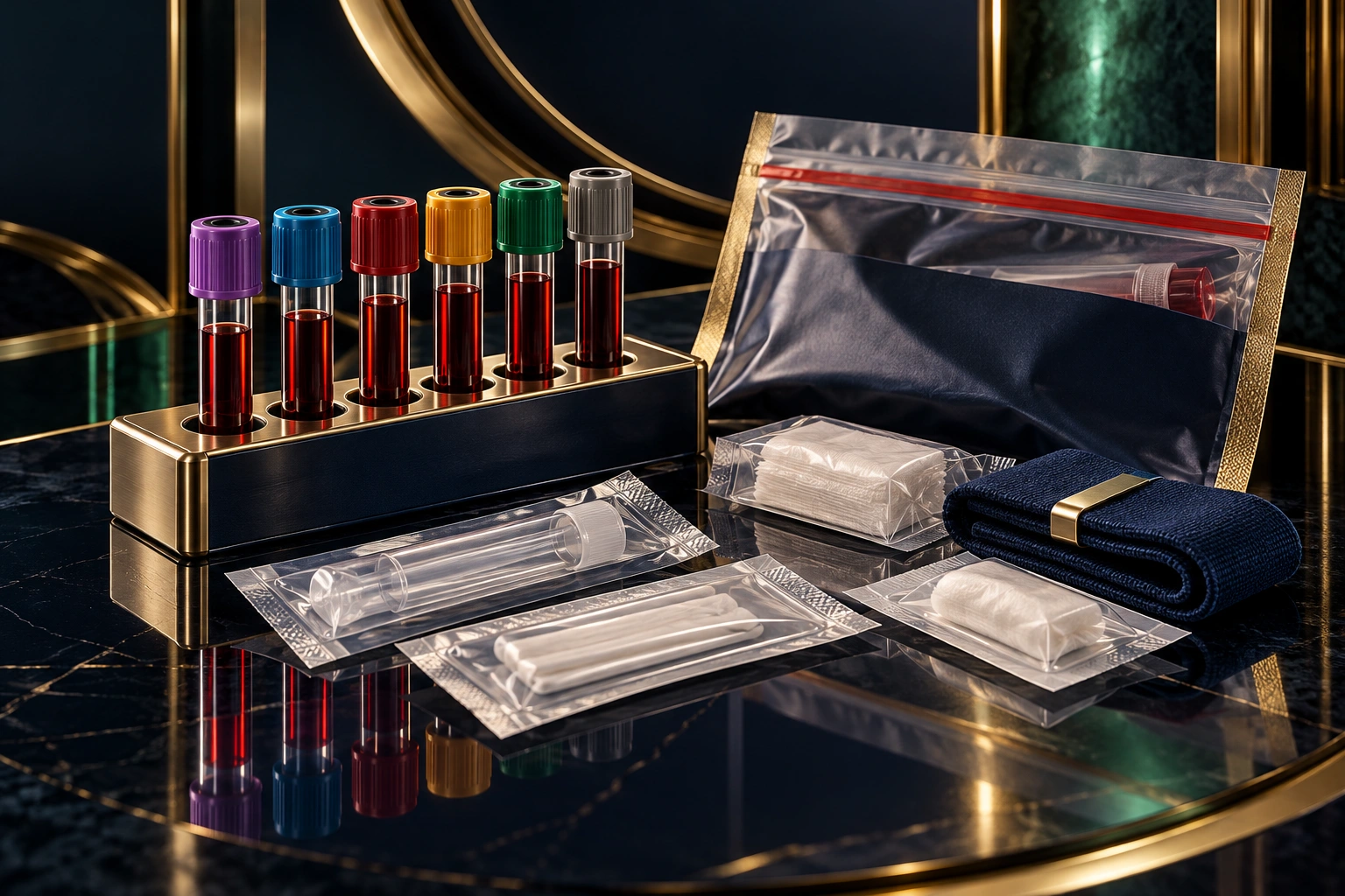 Illustrative specimen collection still life with capped tubes, sealed supplies, and a transport pouch in navy, ruby, and gold.