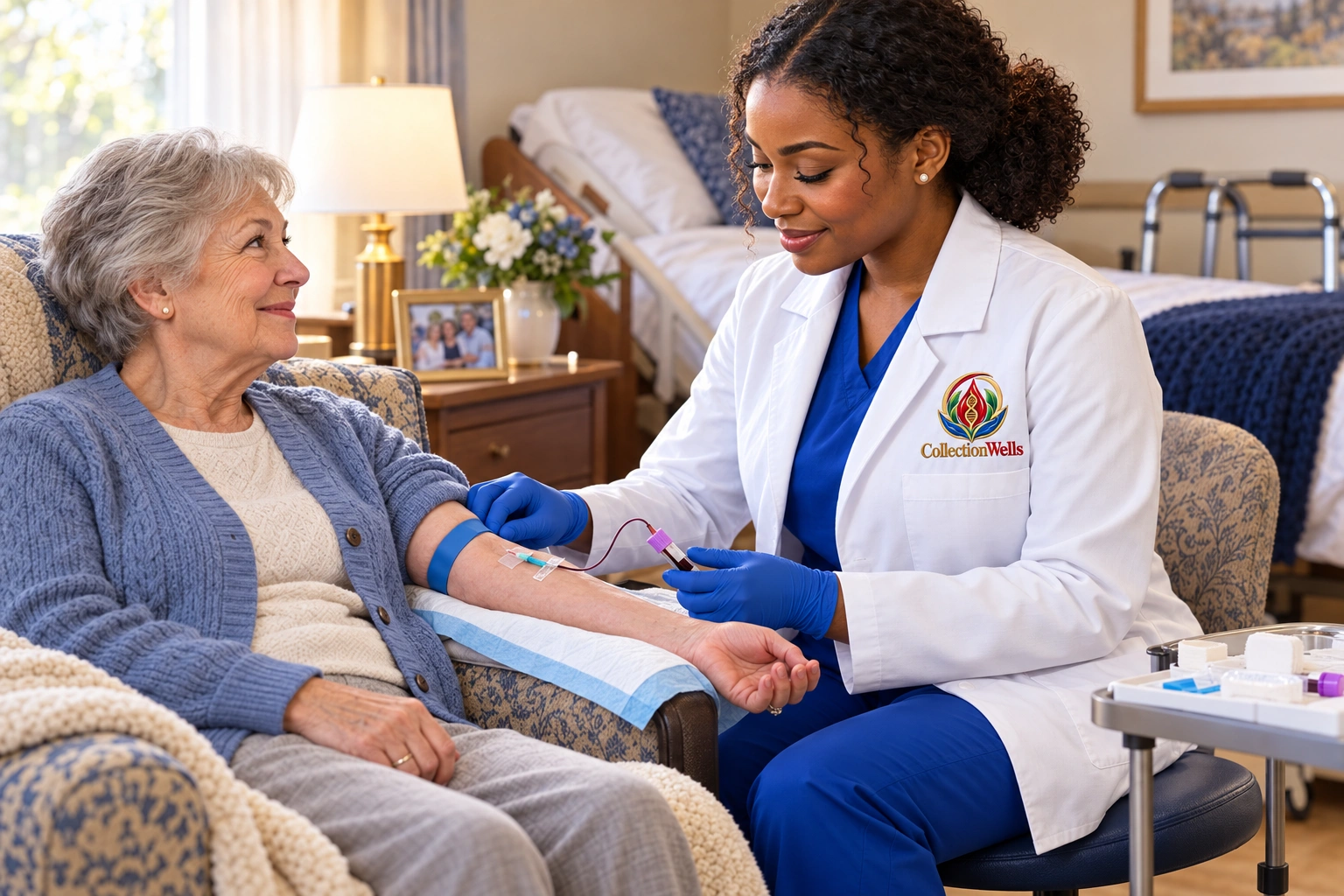 Illustrative CollectionWells phlebotomist drawing blood from an older adult in a nursing-home room, wearing royal blue scrubs, blue gloves, and a white coat with the simplified CollectionWells logo embroidered on the left upper chest.